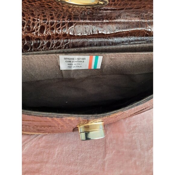 vintage Italian Leather Handbag Bag Brown Faux Croc Embossed Suede Top Handle - Picture 10 of 12